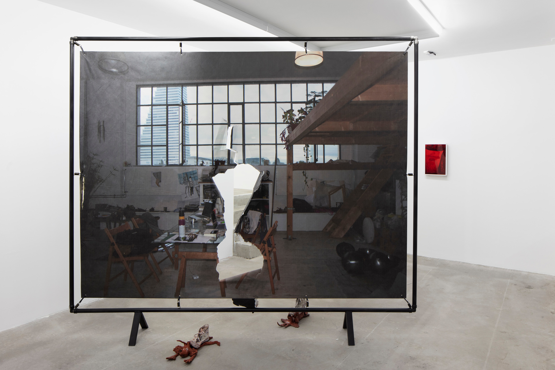 All images are installation views from Cassidy Toner's exhibition The Unstable 4th Wall  at the Gallery PHILLIPZOLLINGER (2019). Views from the Atelier, 2019, print on Tyvek and steel frame, 242 x 288 x 32 cm