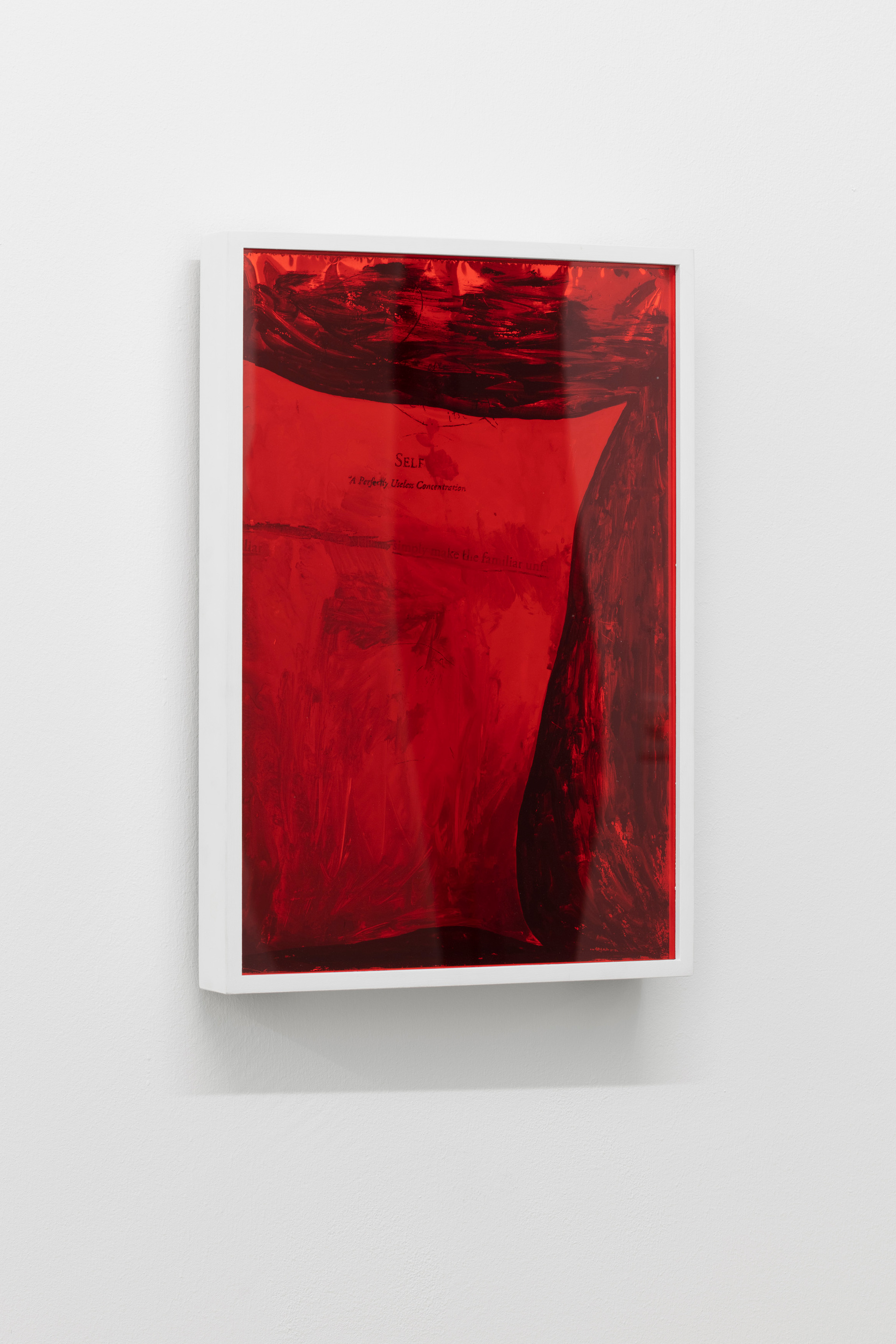 All images are installation views from Cassidy Toner's exhibition The Unstable 4th Wall  at the Gallery PHILLIPZOLLINGER (2019). WHAT DO YOU REPRESENT?', 2019, solvent transfer and watercolor on one-way reflective window film, 44 x 31 x 6 cm
