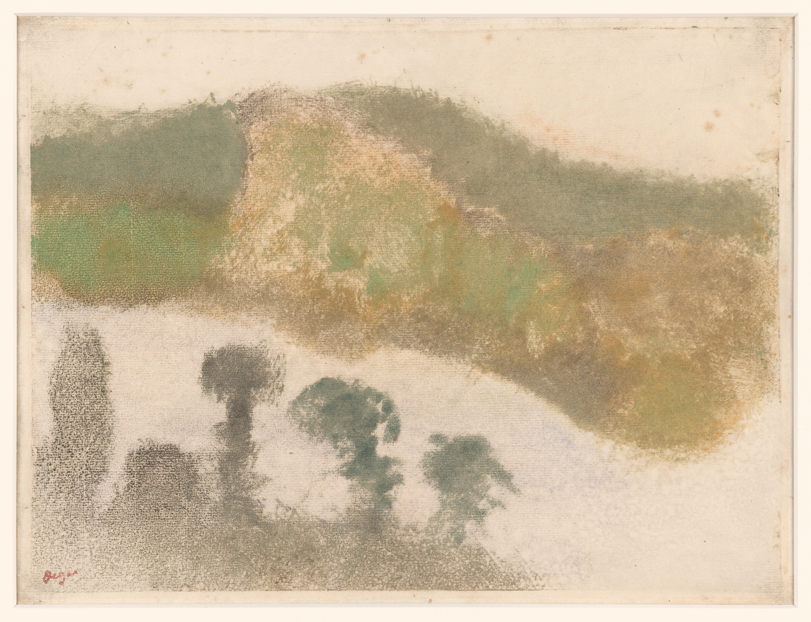 EDGAR DEGAS (1834–1917)
Montagnes et vallon (Mountains and Valley), 1890
39 x 49 cm
Monotype in oil, worked over with pastel
Private collection, Basel