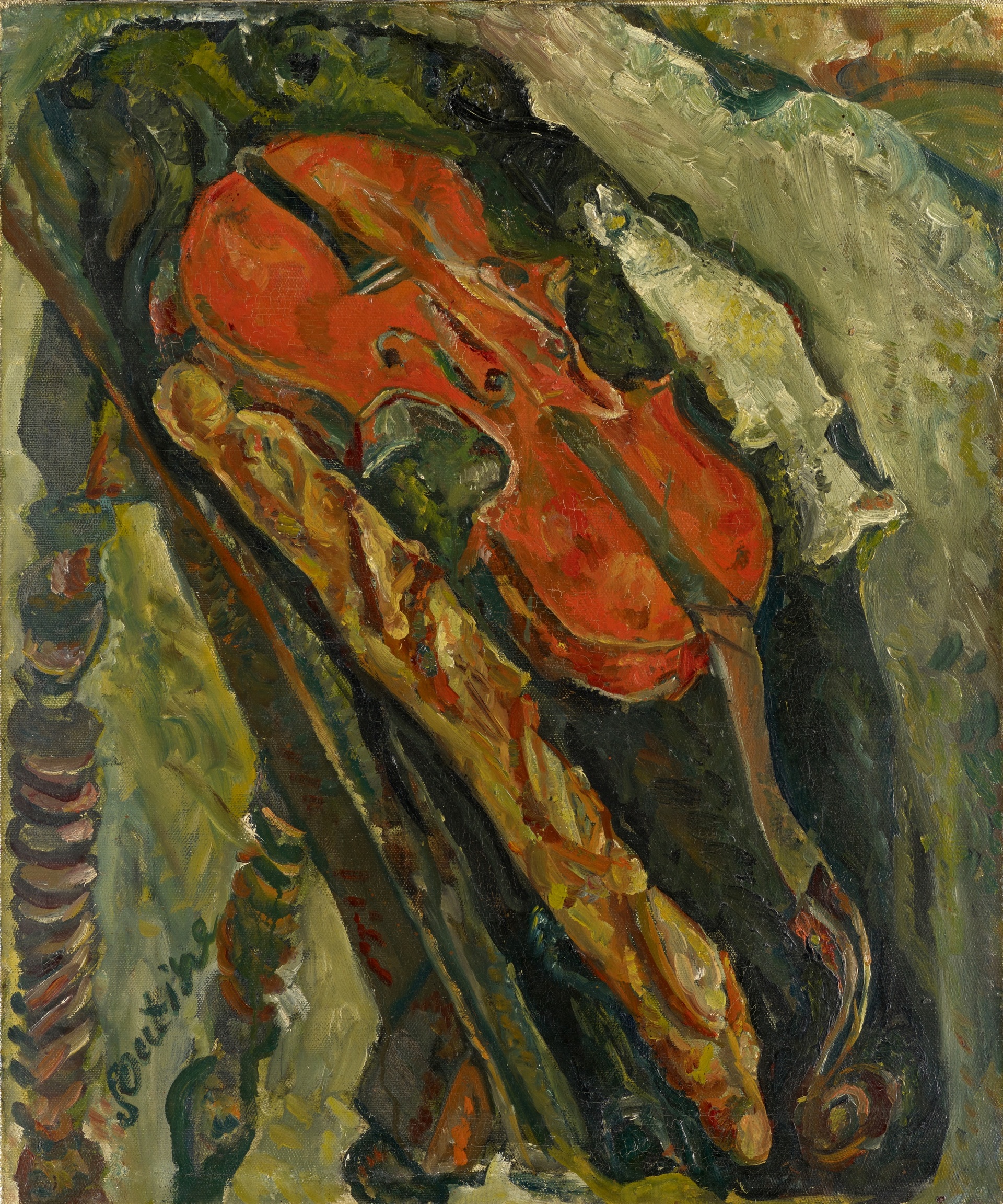 Chaïm Soutine, Nature morte au violon, pain et poisson, um 1922</br>Fondation Im Obersteg, Dépôt au Kunstmuseum Basel
