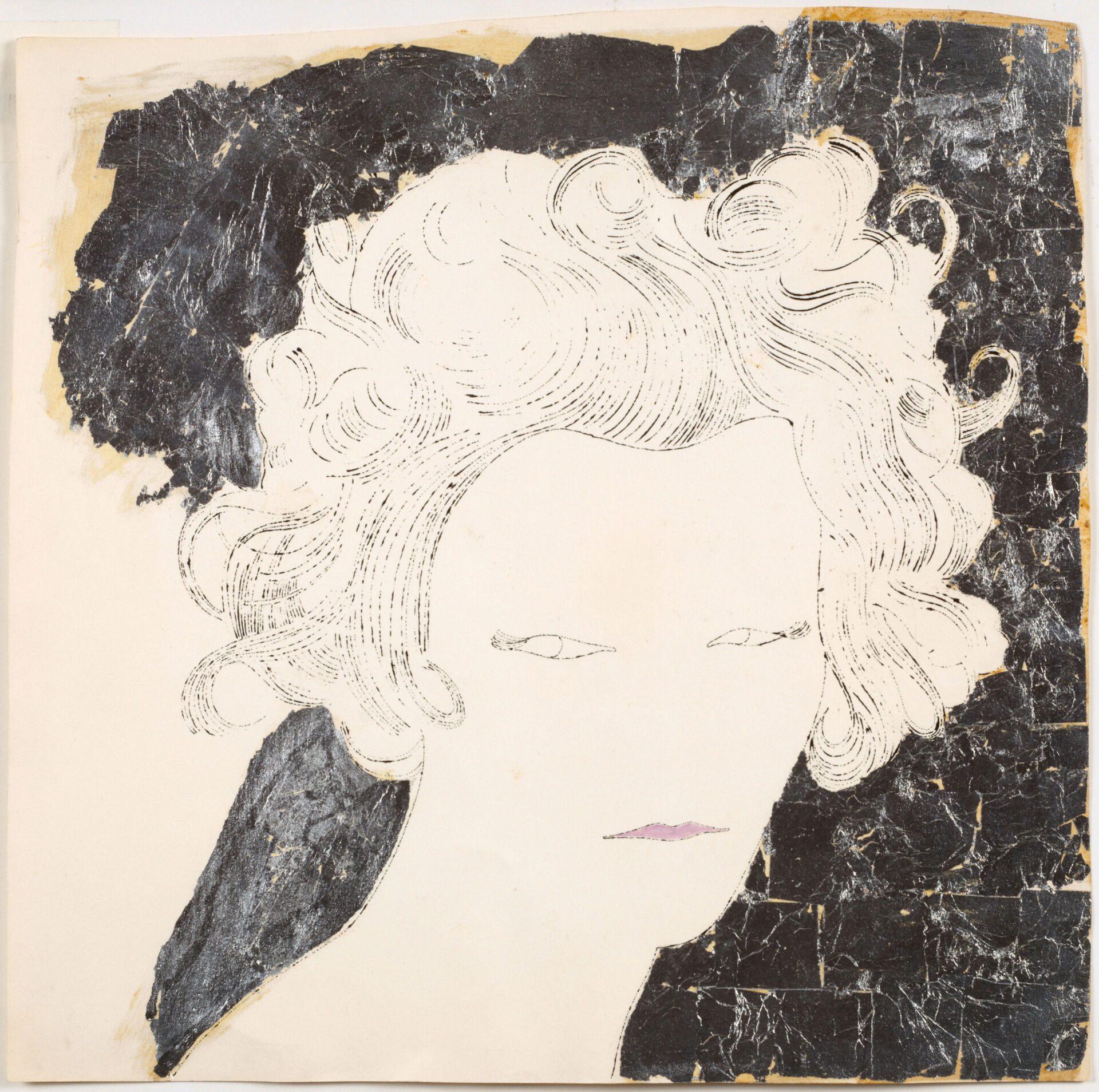 ANDY WARHOL (1928–1987)
Woman, ca. 1953/54 
36,8 x 37,3 cm
Counterproof with black ink, tempera in rosé and glued-on silver foil 
Kunstmuseum Basel, Kupferstichkabinett, 
Inv. 1997.431, acquired with funds from the Max Geldner Foundation 1997
© The Andy Warhol Foundation for the Visual Arts, Inc. / 2023, ProLitteris, Zurich